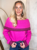 Load image into Gallery viewer, Faith In You Magenta Contrast Cold Shoulder Sweater
