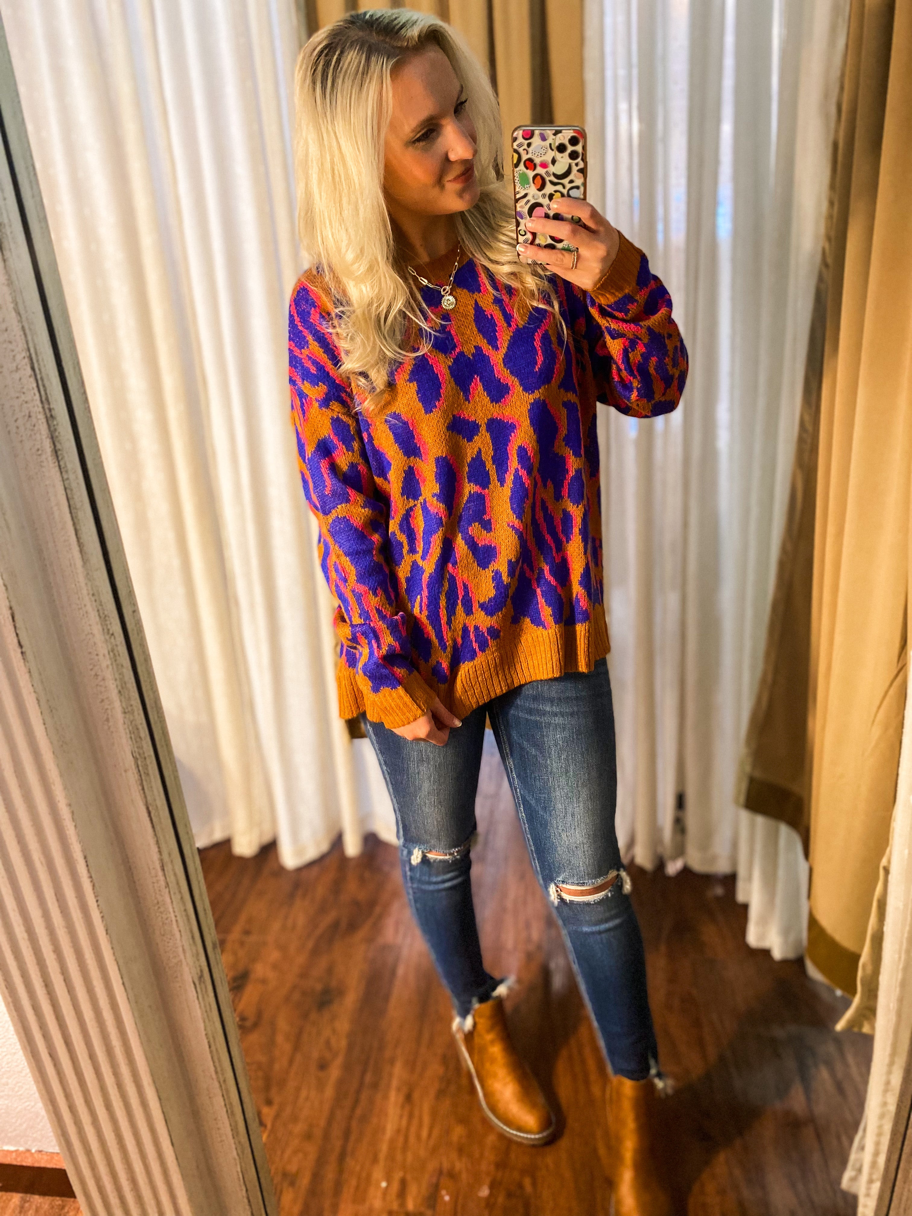 End It Right Rust & Royal Blue Animal Print Sweater