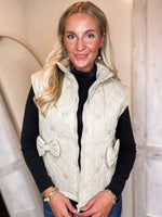 Load image into Gallery viewer, Take The Loop Bow Printed Cream Puffer Vest
