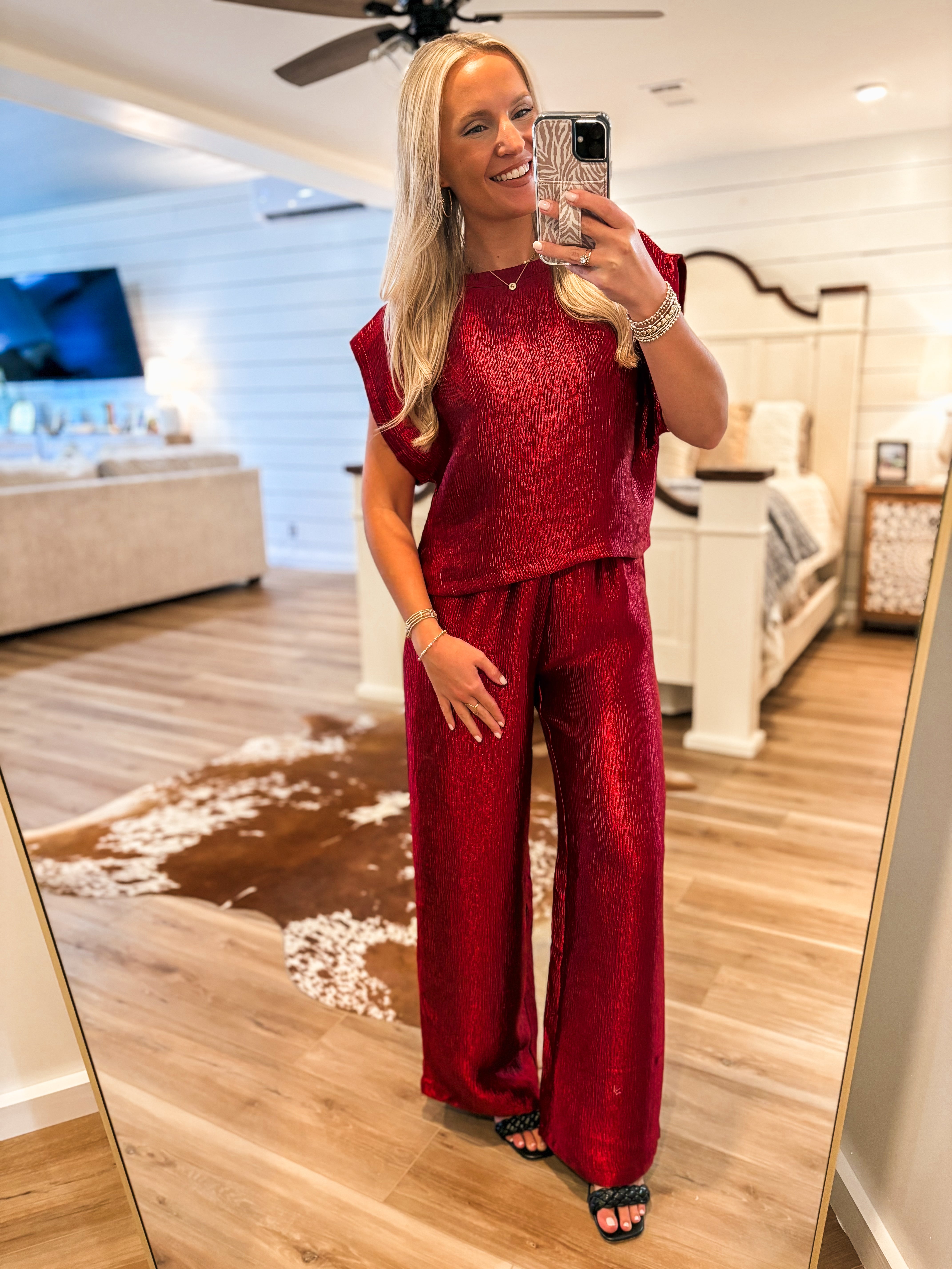 Next Stop Red Cropped Blouse & Palazzo Pant Set