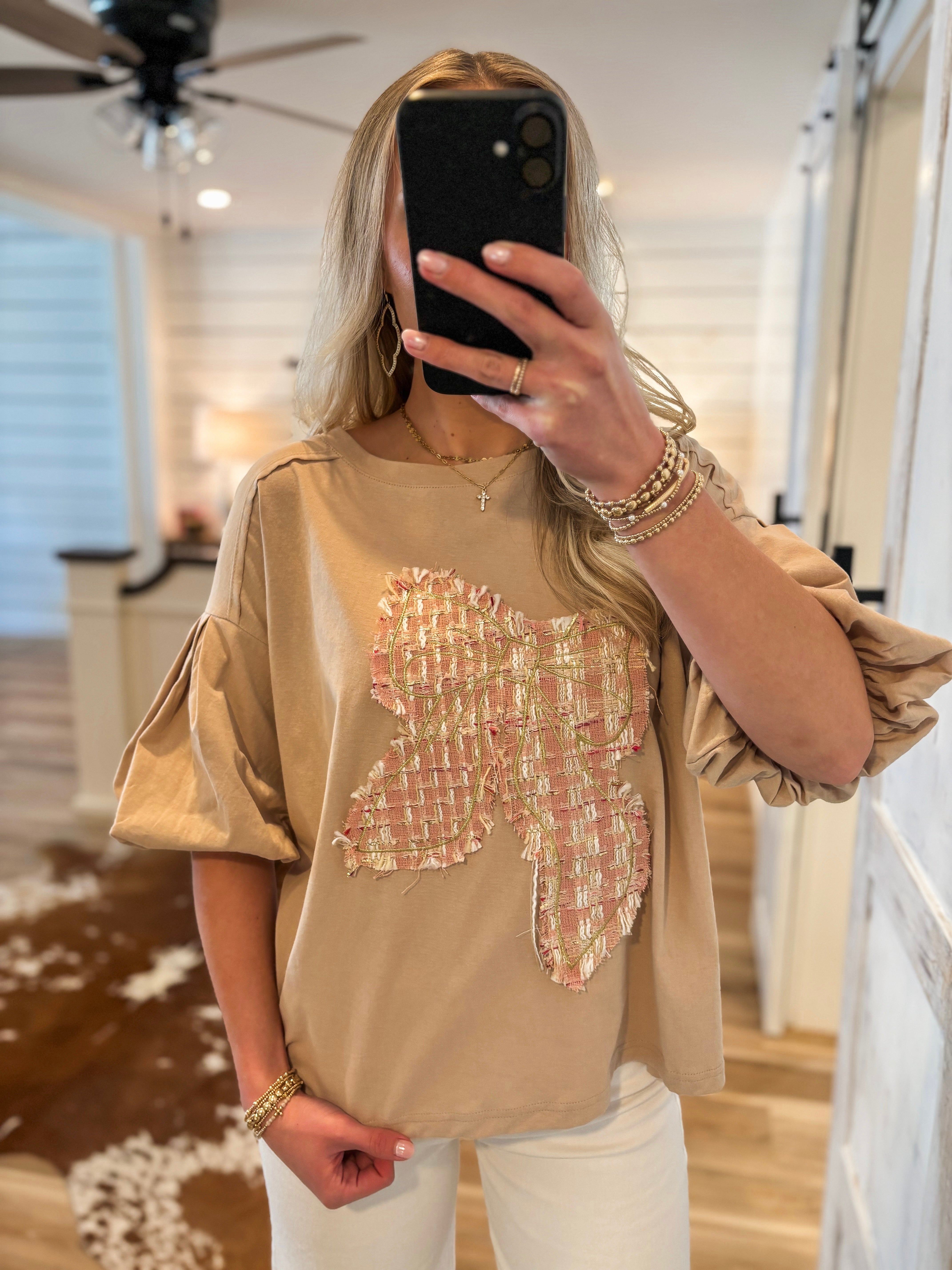 Looking Forward Bow Patch Taupe S/S Blouse