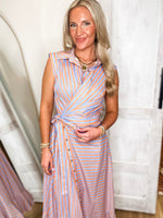 Load image into Gallery viewer, Caught Up Sherbert/Blue Stripe Wrap Midi Dress

