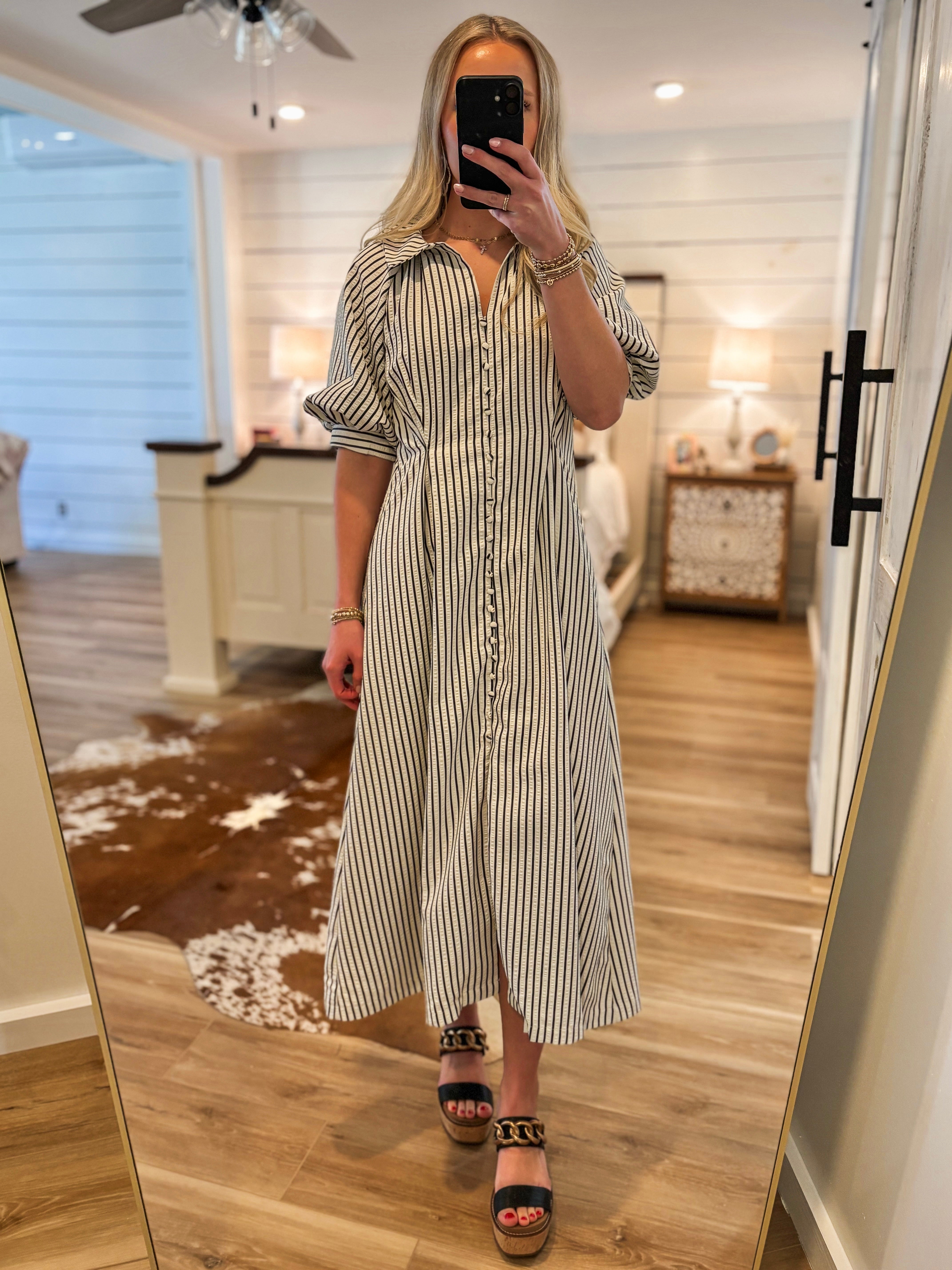 Taking Risks Black & White Striped Midi Dress