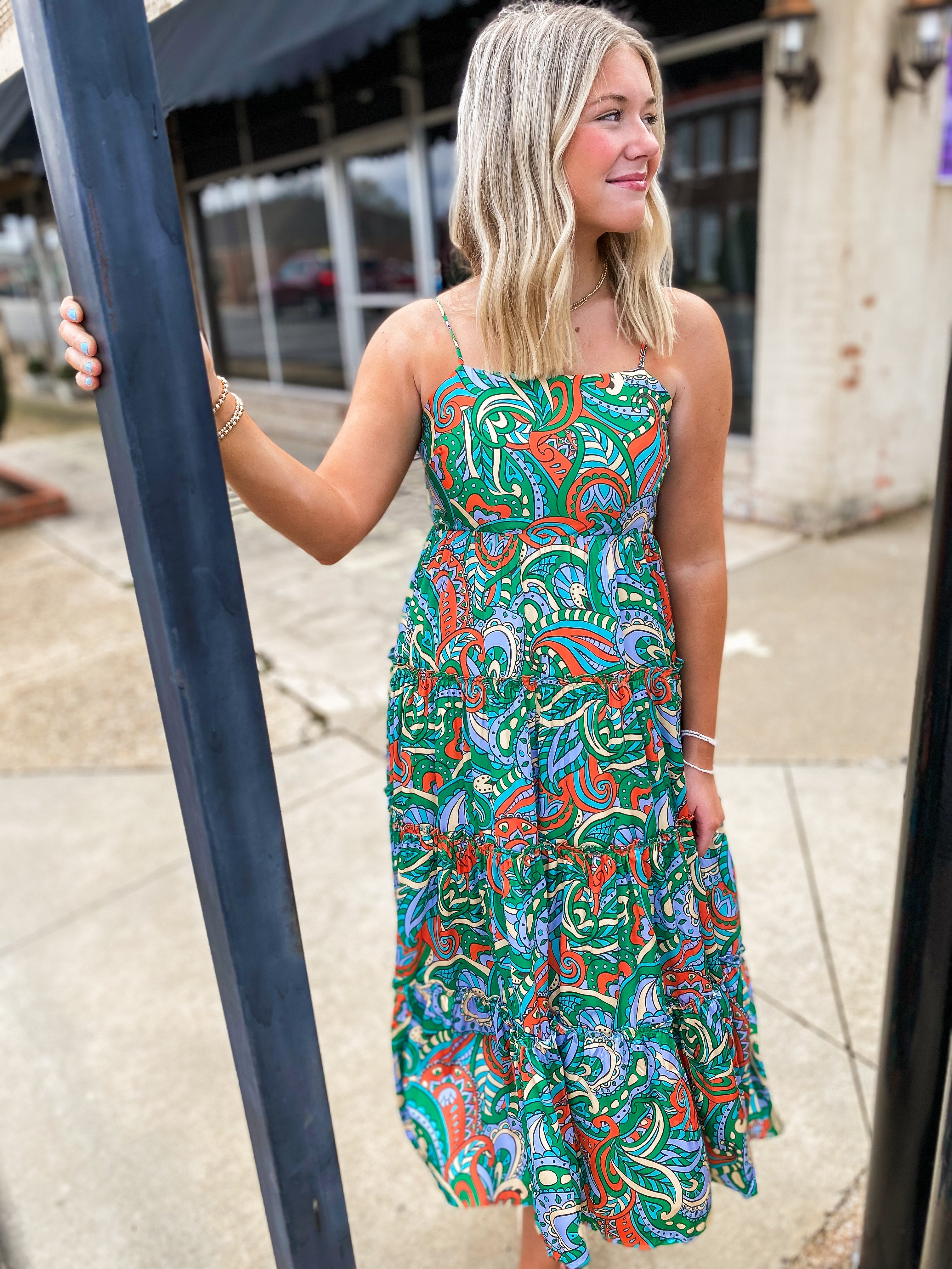 Say Less Green Paisley Maxi Dress