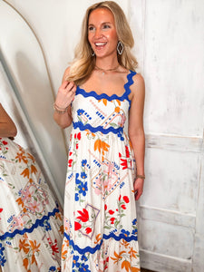 European Summer White Printed Midi Dress