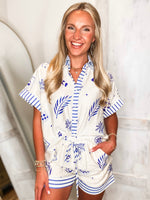 Load image into Gallery viewer, Venturing Out Royal Blue Printed S/S Button Up &amp; Shorts Set
