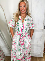 Load image into Gallery viewer, Gazing Over White/Pink Floral Midi Dress
