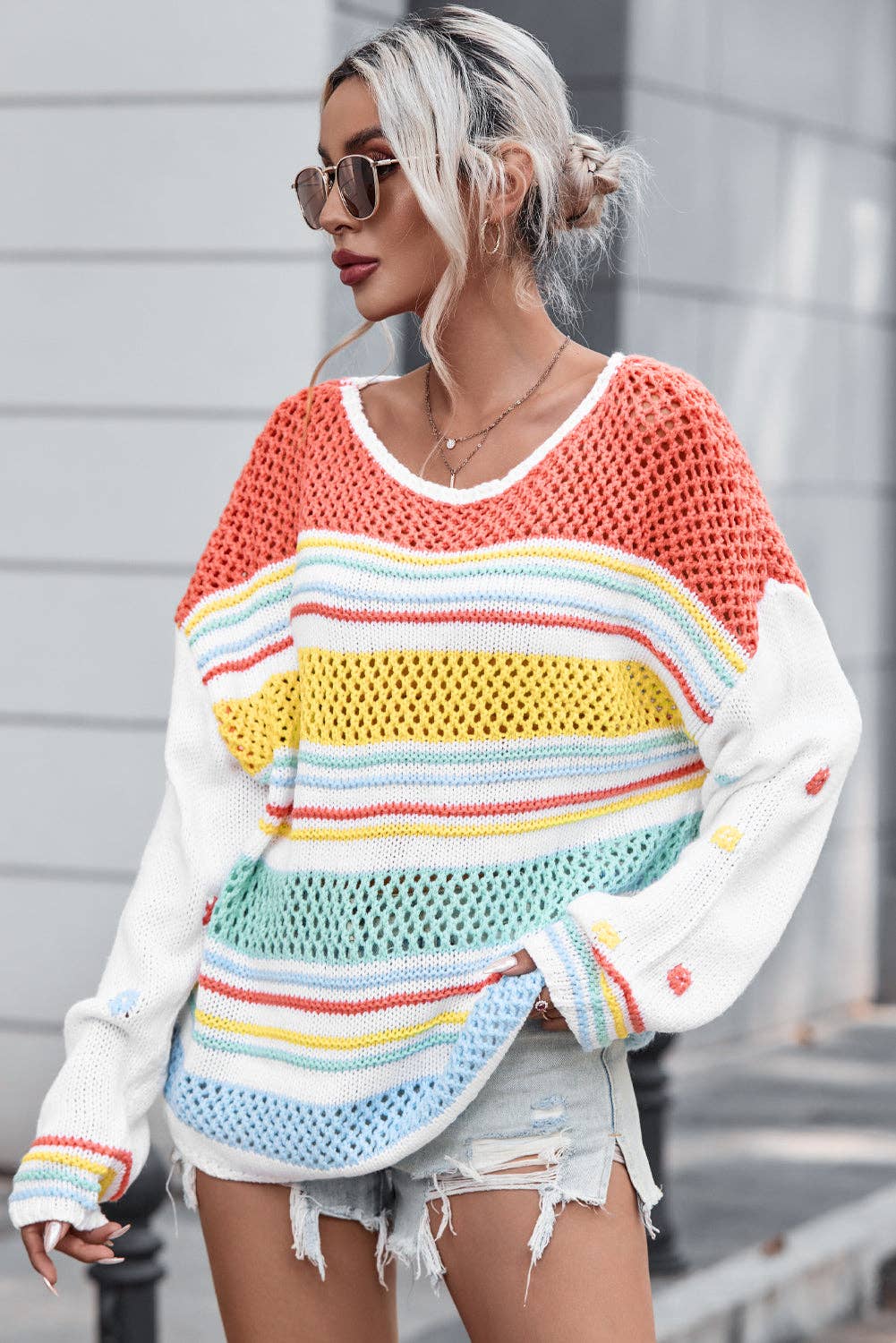 Hey There Multicolor Hollow Striped Knit Sweater