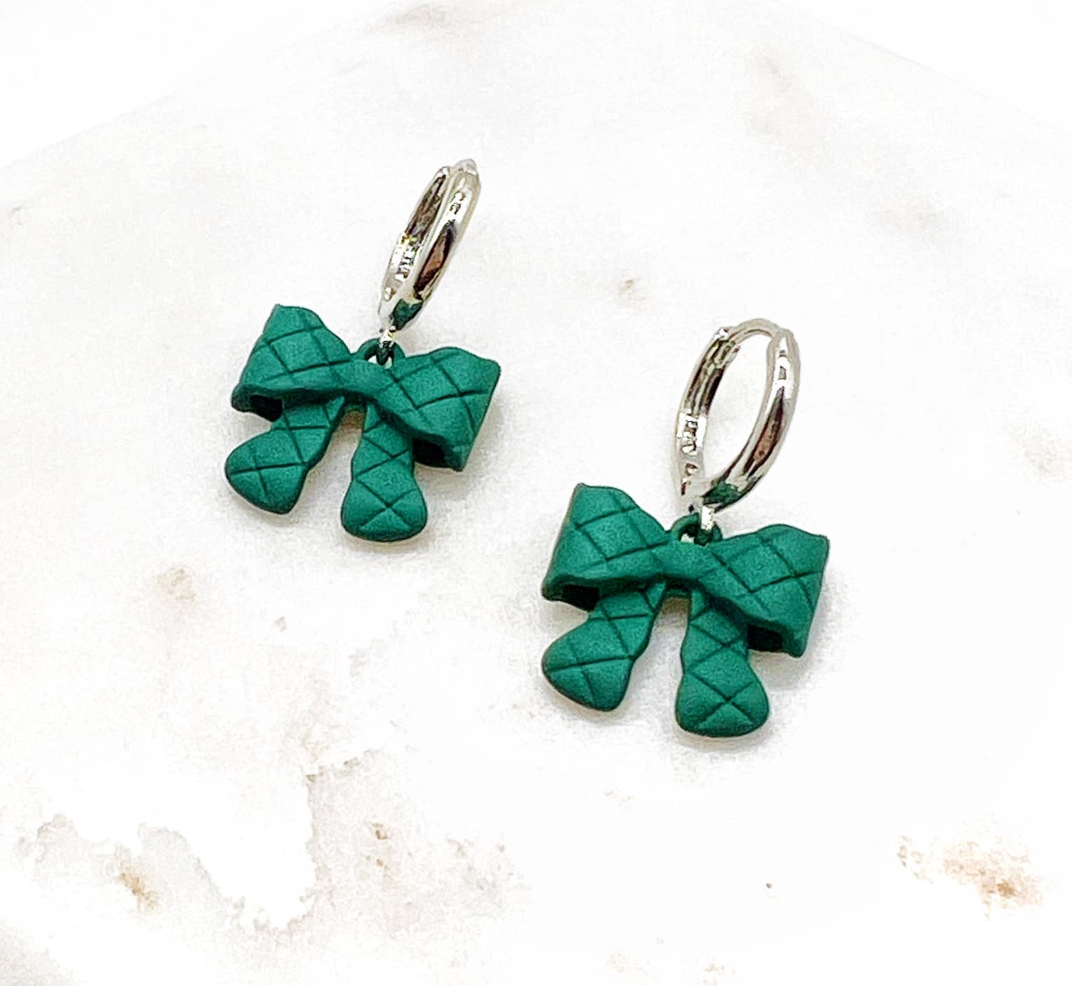 Green Quilted Bow Coquette Huggie Hoops Holiday Earrings