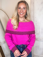 Load image into Gallery viewer, Faith In You Magenta Contrast Cold Shoulder Sweater
