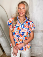 Load image into Gallery viewer, Fresh Take Blue/Blush Floral Contrast Blouse
