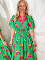 Load image into Gallery viewer, On The Rise Kelly Green Floral Midi Dress
