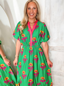 On The Rise Kelly Green Floral Midi Dress