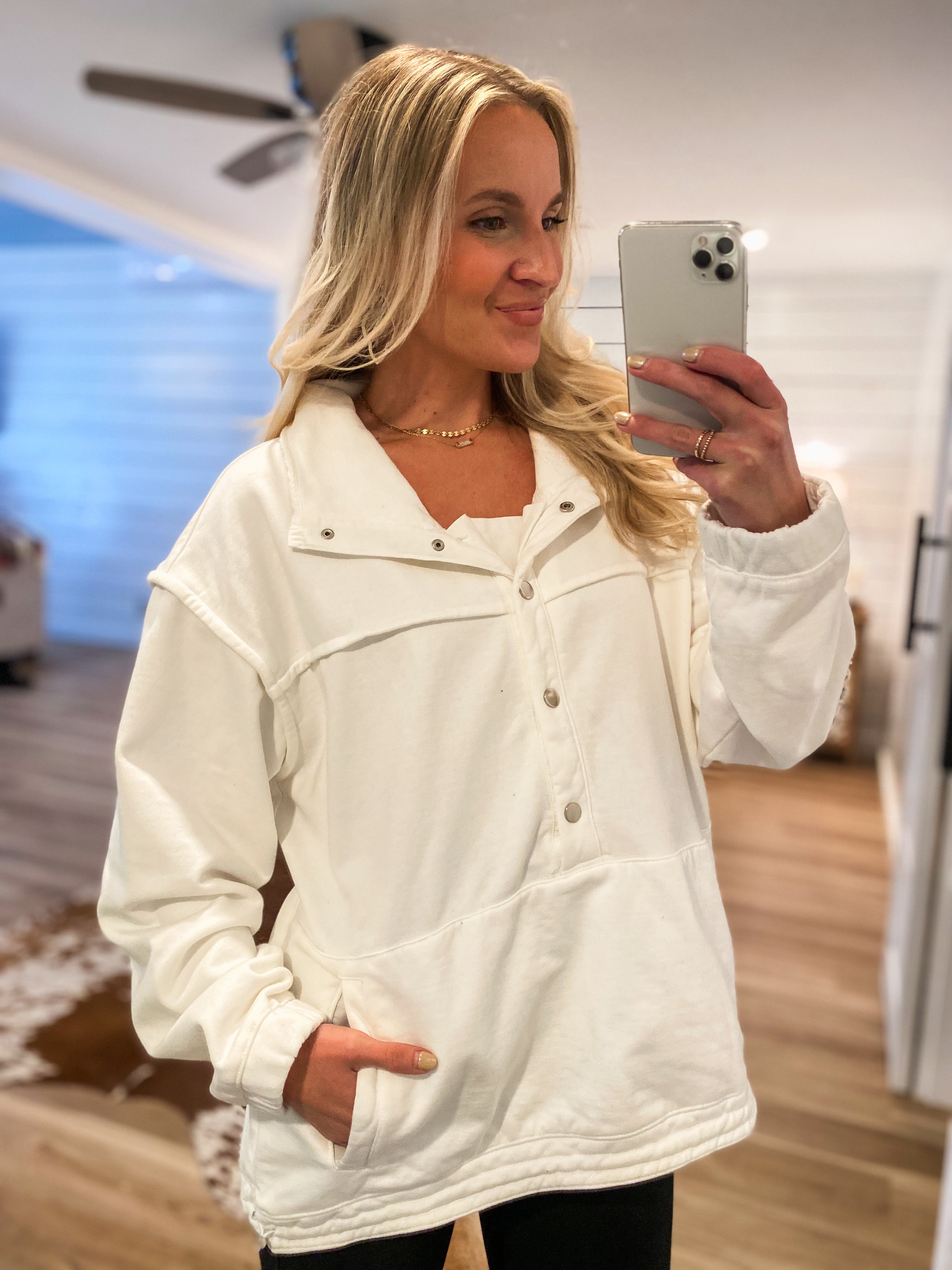 She's It Snap Button Oversized Ivory Pullover