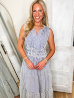 Load image into Gallery viewer, Day Outing Cream/Blue Stripe Midi Dress
