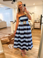 Load image into Gallery viewer, Going Somewhere Navy Stripe Strapless Midi Dress
