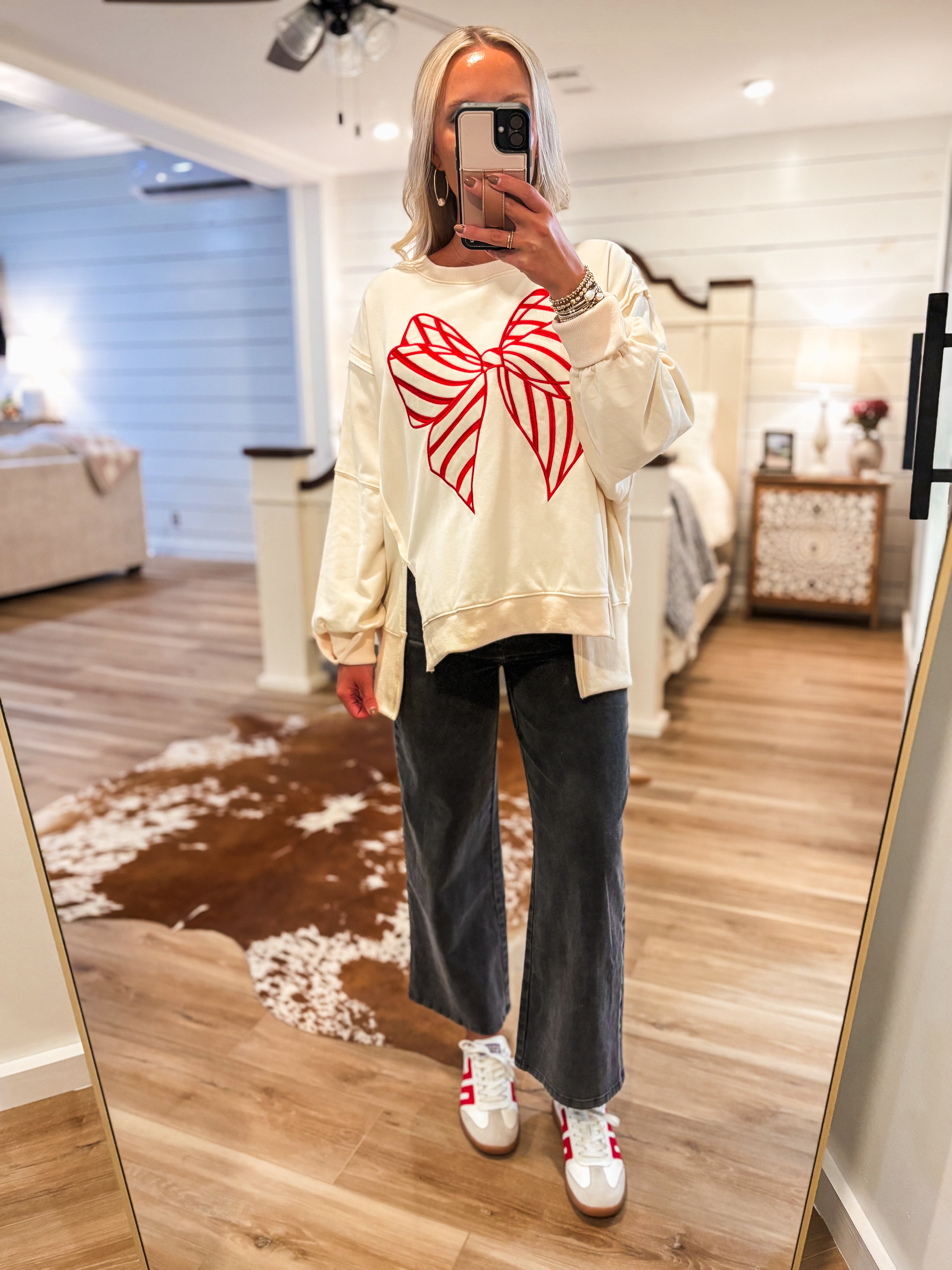 Candy Cane Lane Ivory Bow Pullover