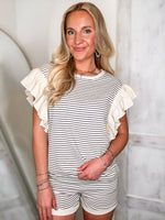 Load image into Gallery viewer, Looking For Less Black Striped Blouse &amp; Shorts Set
