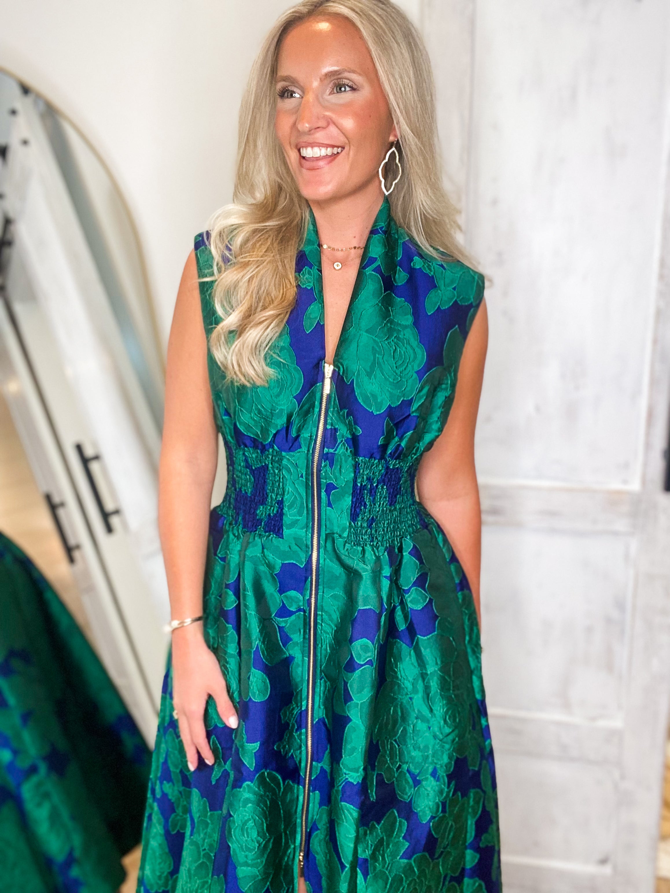 Classic Charm Royal Blue & Green Floral Front Zip Midi Dress