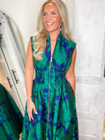 Load image into Gallery viewer, Classic Charm Royal Blue &amp; Green Floral Front Zip Midi Dress
