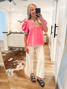 Giving My Best Neon Pink Leopard Contrast Blouse