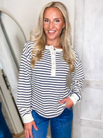 Load image into Gallery viewer, Almost Late Ivory &amp; Navy Stripe L/S Henley
