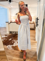 Load image into Gallery viewer, Ocean Air Ivory &amp; Blue Stripe Linen Midi Dress
