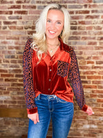 Load image into Gallery viewer, In My Own Time Rust and Royal Blue Leopard Button Down Blouse
