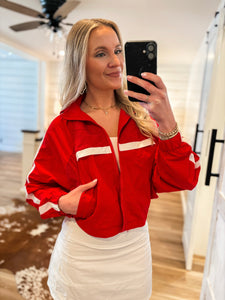 On The Go Red Cropped Windbreaker Zip Hoodie