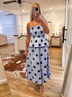 Load image into Gallery viewer, Seat Taken Blue Polka Dot Strapless Midi Dress
