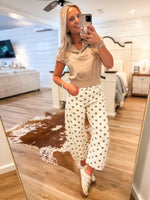 Load image into Gallery viewer, Saying More Oatmeal Polka Dot Barrel Denim Pant
