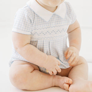 Mini Checks Smocked Collared S/S Bubble - Blue