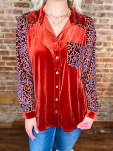 In My Own Time Rust and Royal Blue Leopard Button Down Blouse