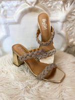 Load image into Gallery viewer, French Kiss Braided Gold Hey Girl by Corkys Block Heels
