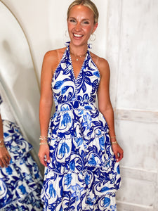 Weekend Bliss Royal Blue Floral Halter Maxi Dress