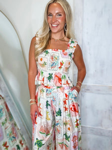 On Island Time Tropical Print Linen Tank & Palazzo Pant Set