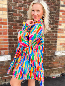Let's Keep Moving Multi-Colored Brush Stroke Button Down Dress