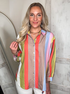 True Feelings Lime & Mocha Striped L/S Blouse