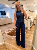 Load image into Gallery viewer, Saying Hello Denim Vest Blouse &amp; Palazzo Pant Set
