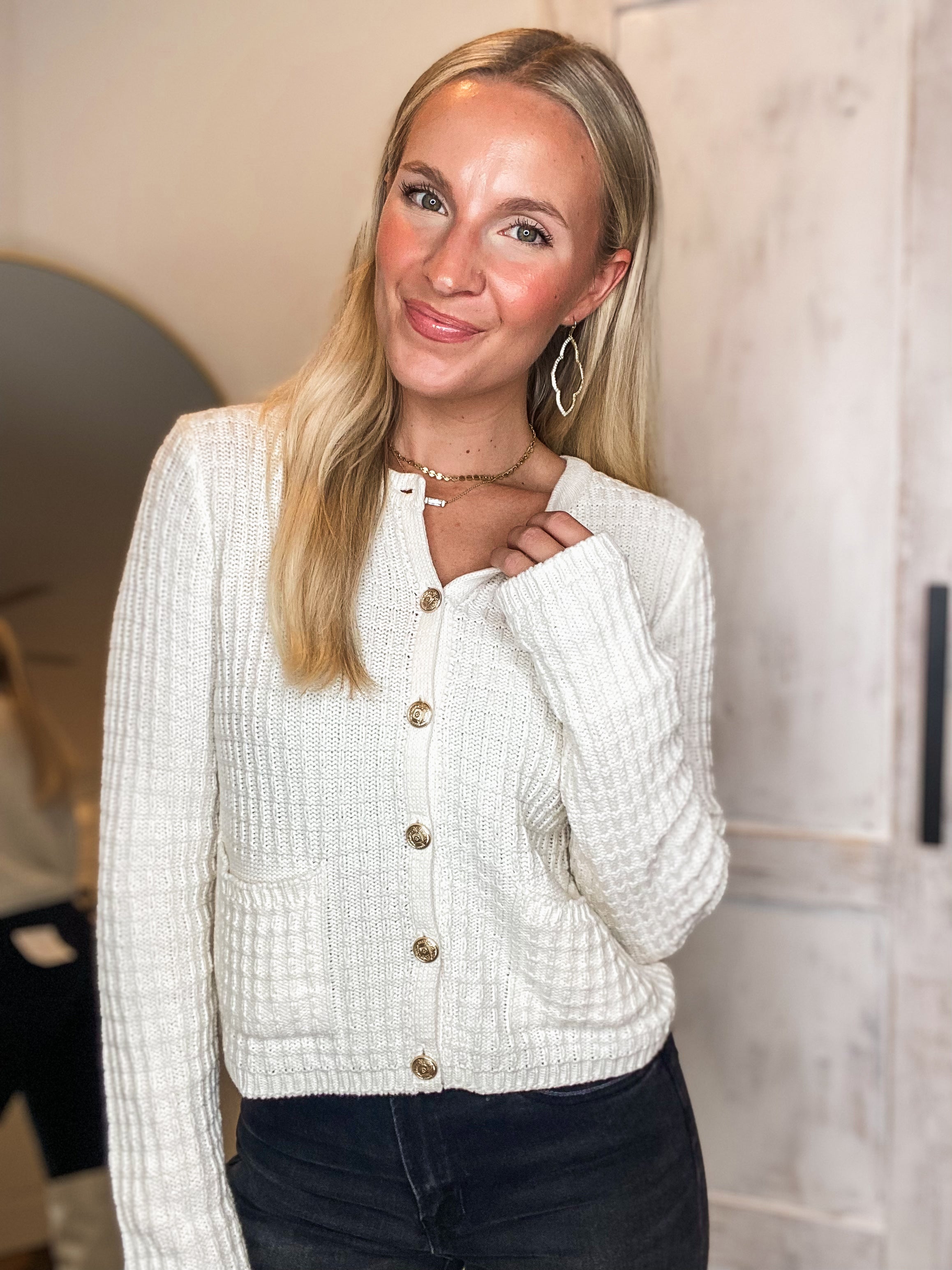 Up In Class Gold Button Down Ivory Cardigan