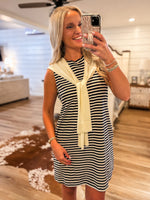 Load image into Gallery viewer, Taking A Stroll Navy Stripe Luxe Mini Dress
