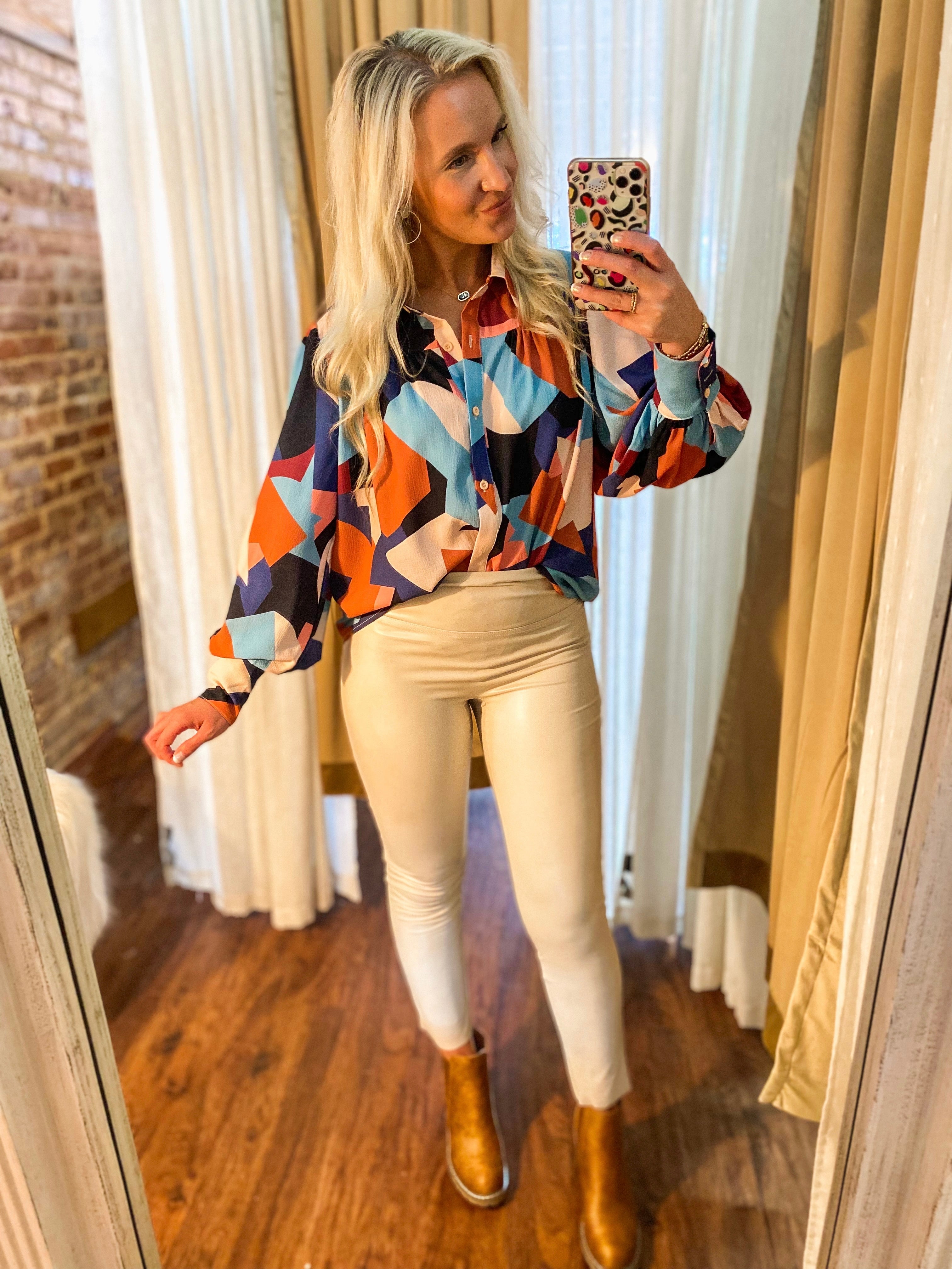 Look At Her Multi-Color Abstract Button Down Blouse