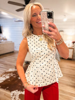 Load image into Gallery viewer, Hand In Hand White/Navy Polka Dot Peplum Blouse
