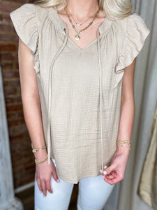 Balcony View Taupe Cotton Crinkle Blouse