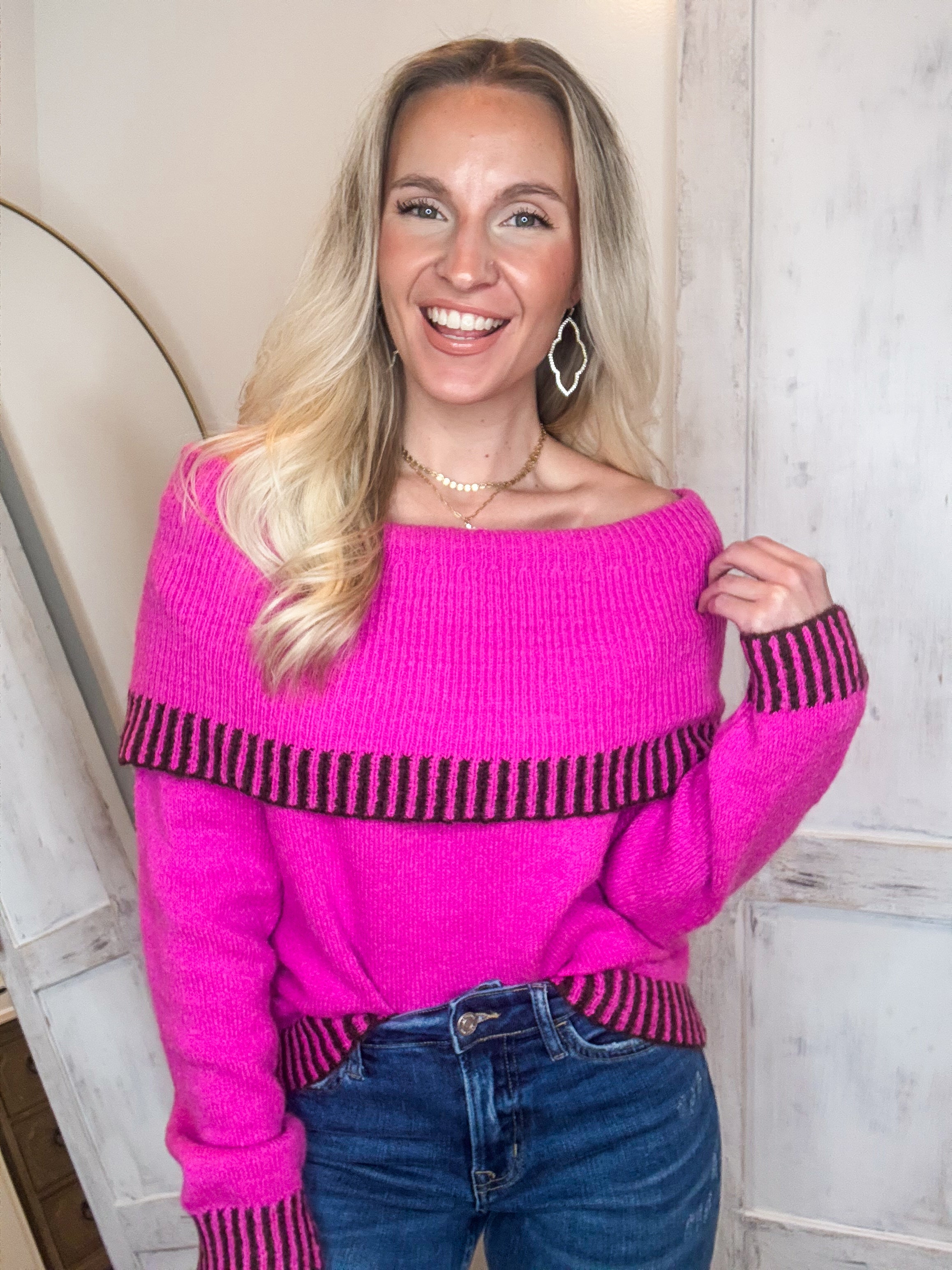Faith In You Magenta Contrast Cold Shoulder Sweater