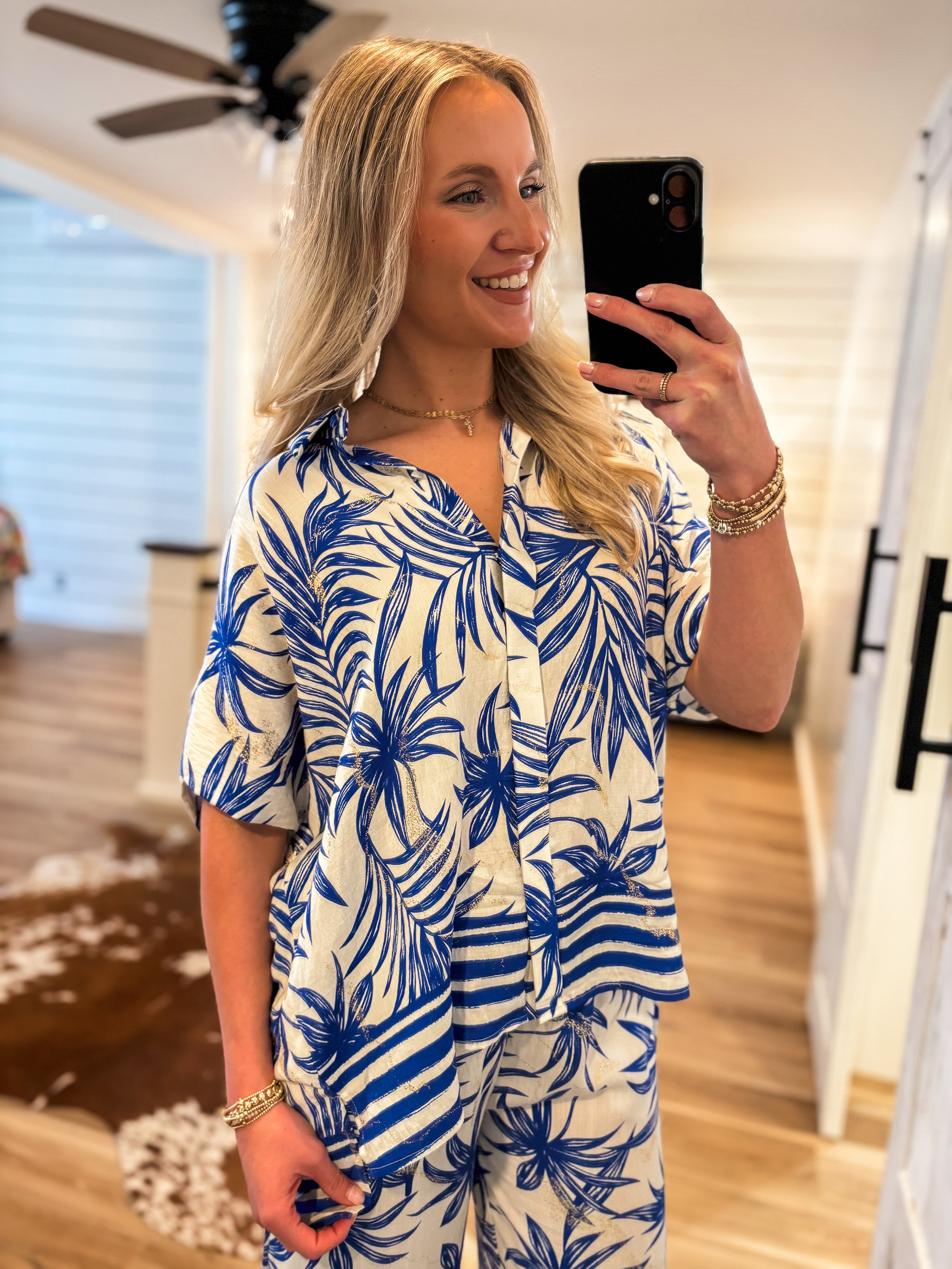 Secret Getaway Royal Blue Palm Blouse & Pant Set
