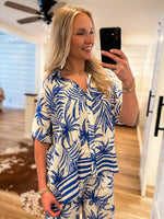 Load image into Gallery viewer, Secret Getaway Royal Blue Palm Blouse &amp; Pant Set
