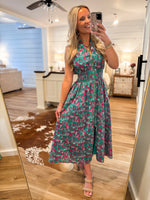Load image into Gallery viewer, Stunning View Emerald Floral Front Zip Midi Dress
