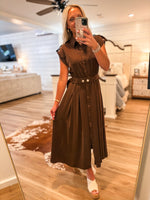 Load image into Gallery viewer, On The Move Brown Belted Midi Dress
