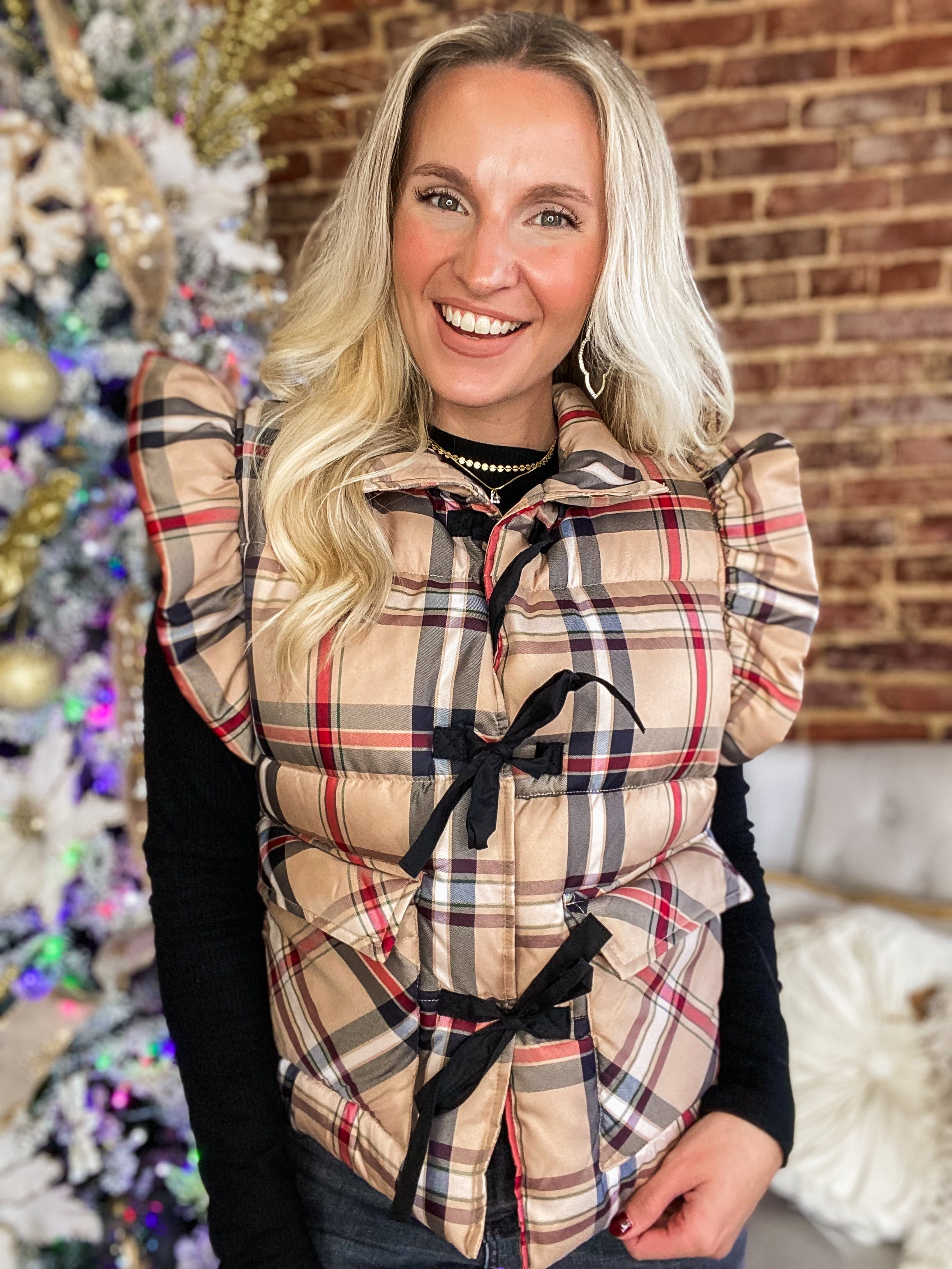 Cheerful Season Taupe & Black Plaid Puffer Vest